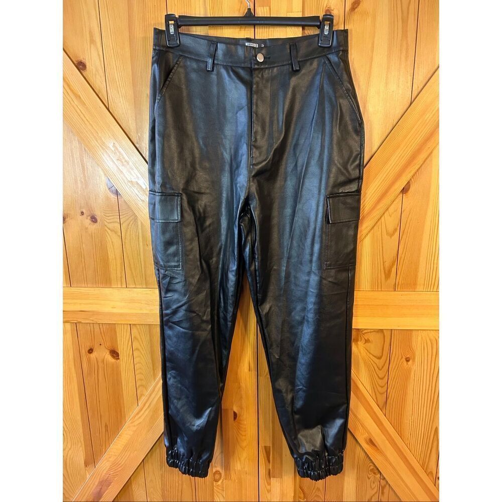 Missguided Women’s Faux Leather Tapered Jogger Zip Pants Black Size 10 (5446)